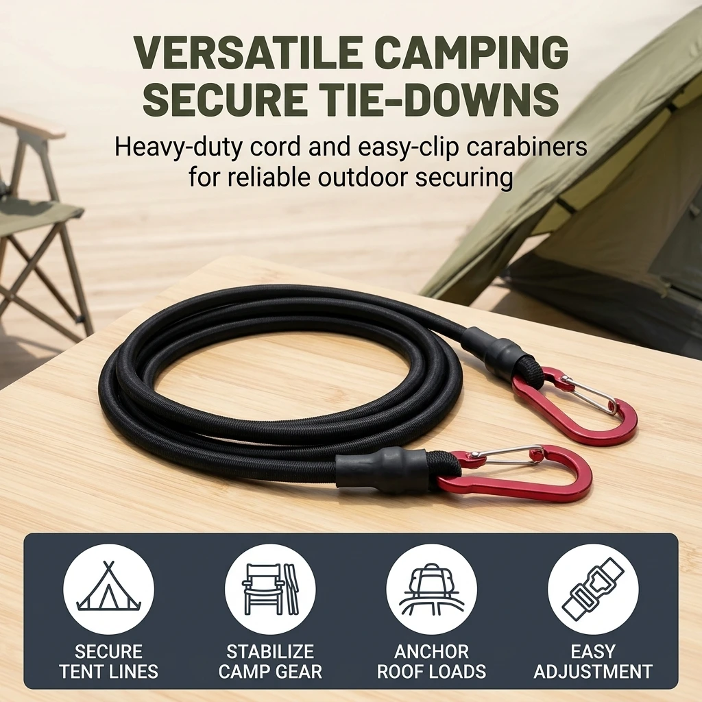 Heavy Duty Bungee Cord Elastic Tie Strap String Carabiner Hooks Kayak Cycling Luggage Packing Ropes Camping Accessories
