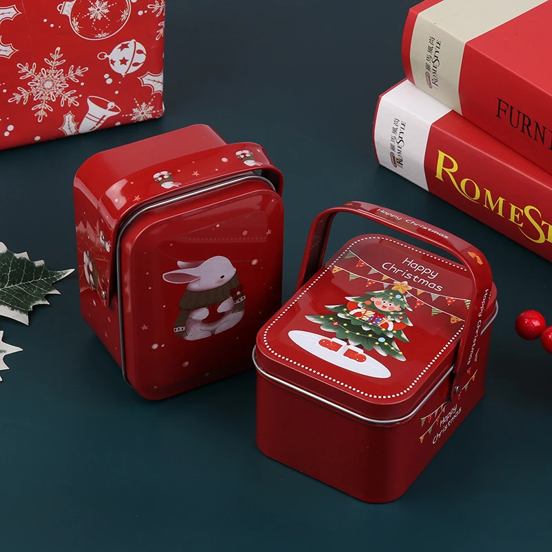 1pcs Christmas Tinplate Suitcase Candy Boxes With Handle Handheld Sweets Tins Portable Candies Holders Sugar Storage Container