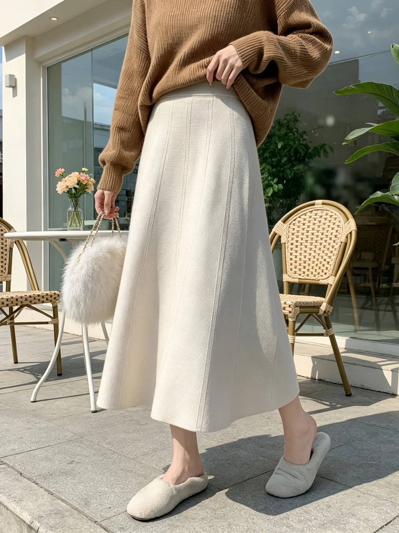 High Waist Knitted A-Line  Skirt for Women White Thick Slimming Vintage Style Sweater Umbrella Skirt Trendy Commute Wear