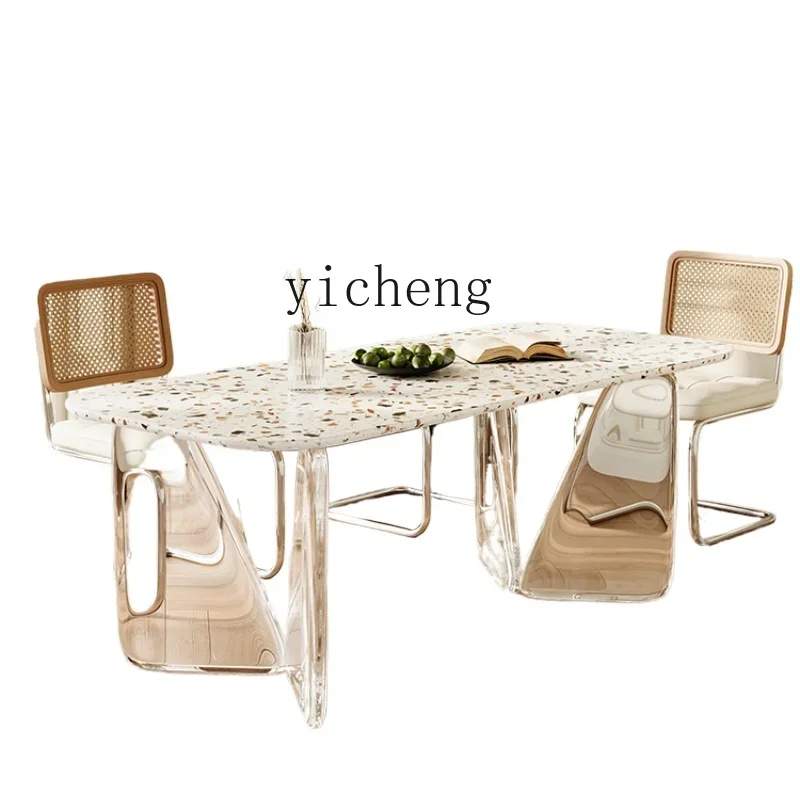 

XL Acrylic Table Transparent Stone Plate Dining Table Minimalist Cream Style Terrazzo Dining Table