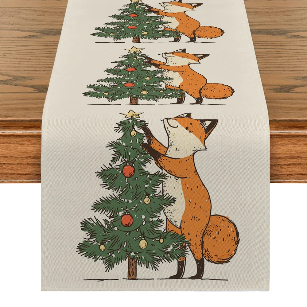 

Christmas Fox Christmas Tree Table Runner Wedding Decoration Cloth Dining Decor Coffee Table Runners Washable Dining Long Cloth