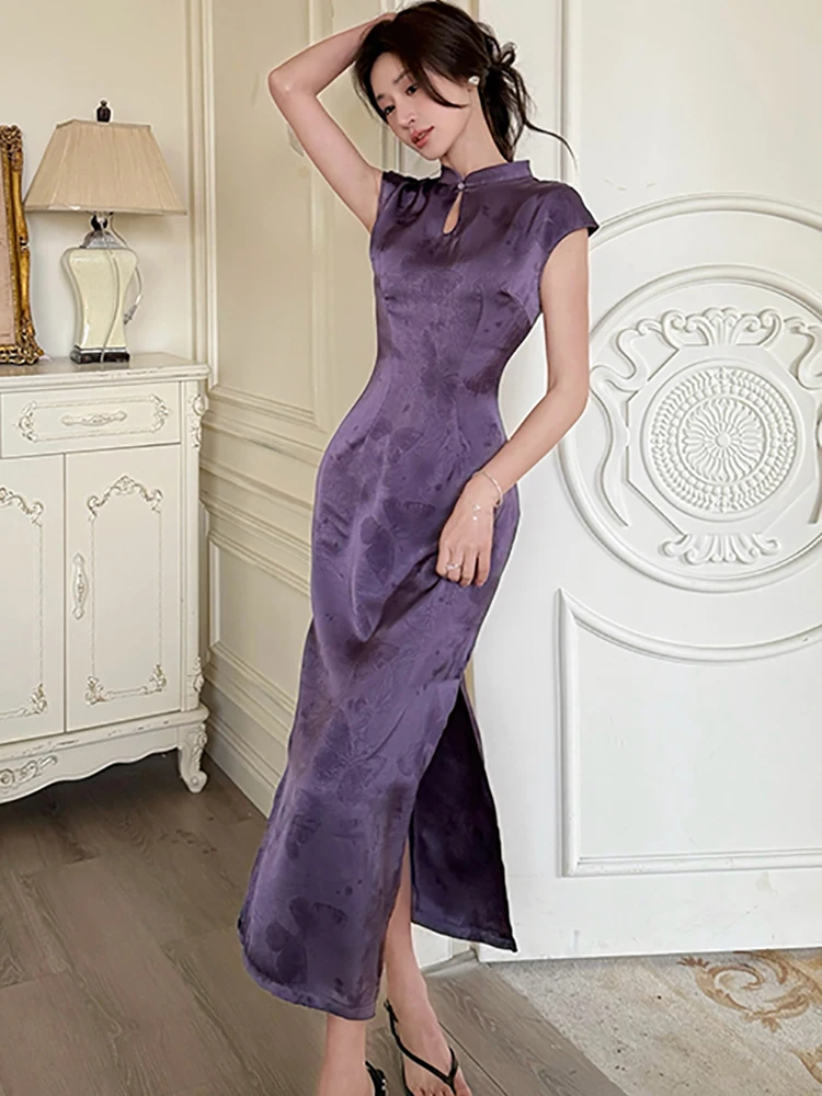 Vestido largo de satén Jacquard morado con cuello levantado para mujer, vestido de noche Vintage coreano de lujo, vestido de fiesta ajustado elegante 2025