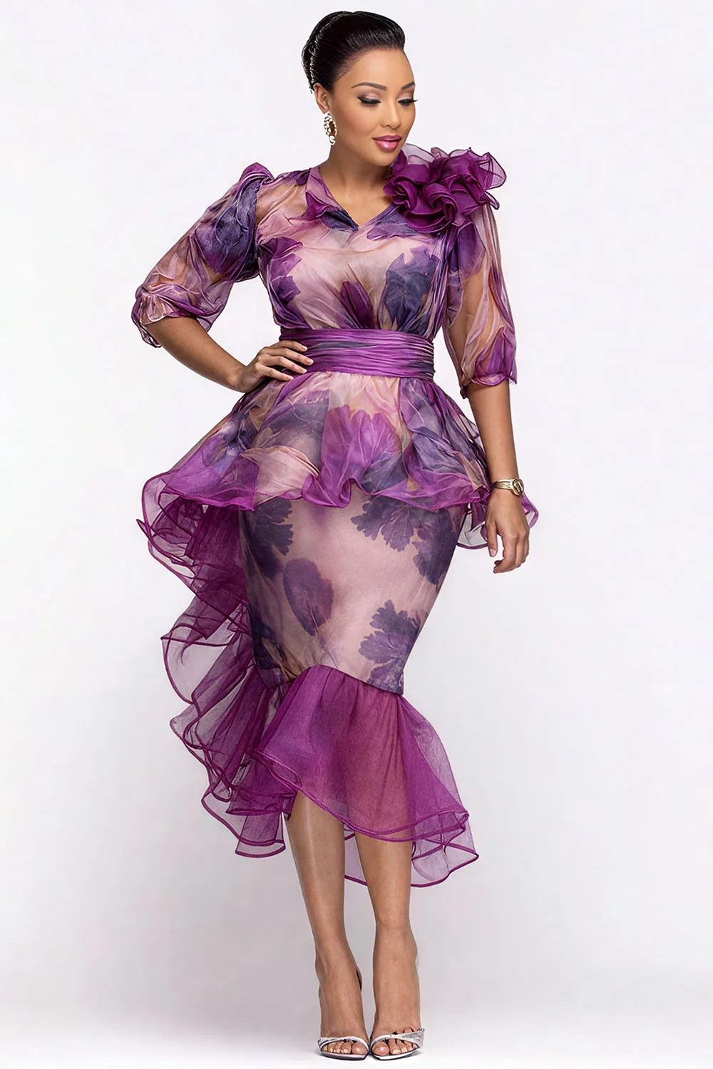

Plus Size Mother Of The Bride Purple Floral V Neck Half Sleeve Ruffle Elegant Mermaid Satin Two Piece Skirt Sets