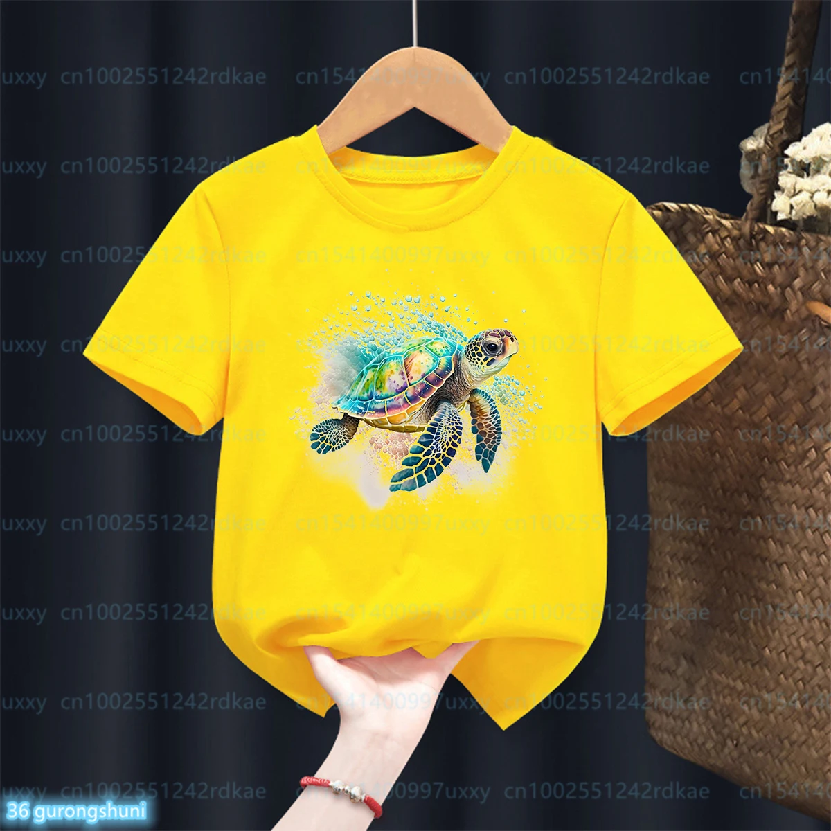 Camiseta con estampado de tortuga marina para niños, Top de manga corta amarillo, tendencia de moda, bonita camiseta para niños pequeños de verano, venta al por mayor