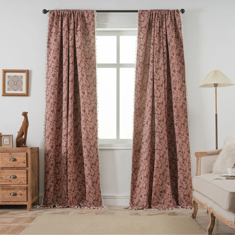American Cotton Linen Curtains Red Holiday Jacquard Fringe Curtain Finished Kitchen Valance Bedroom Living Room Semi-shading