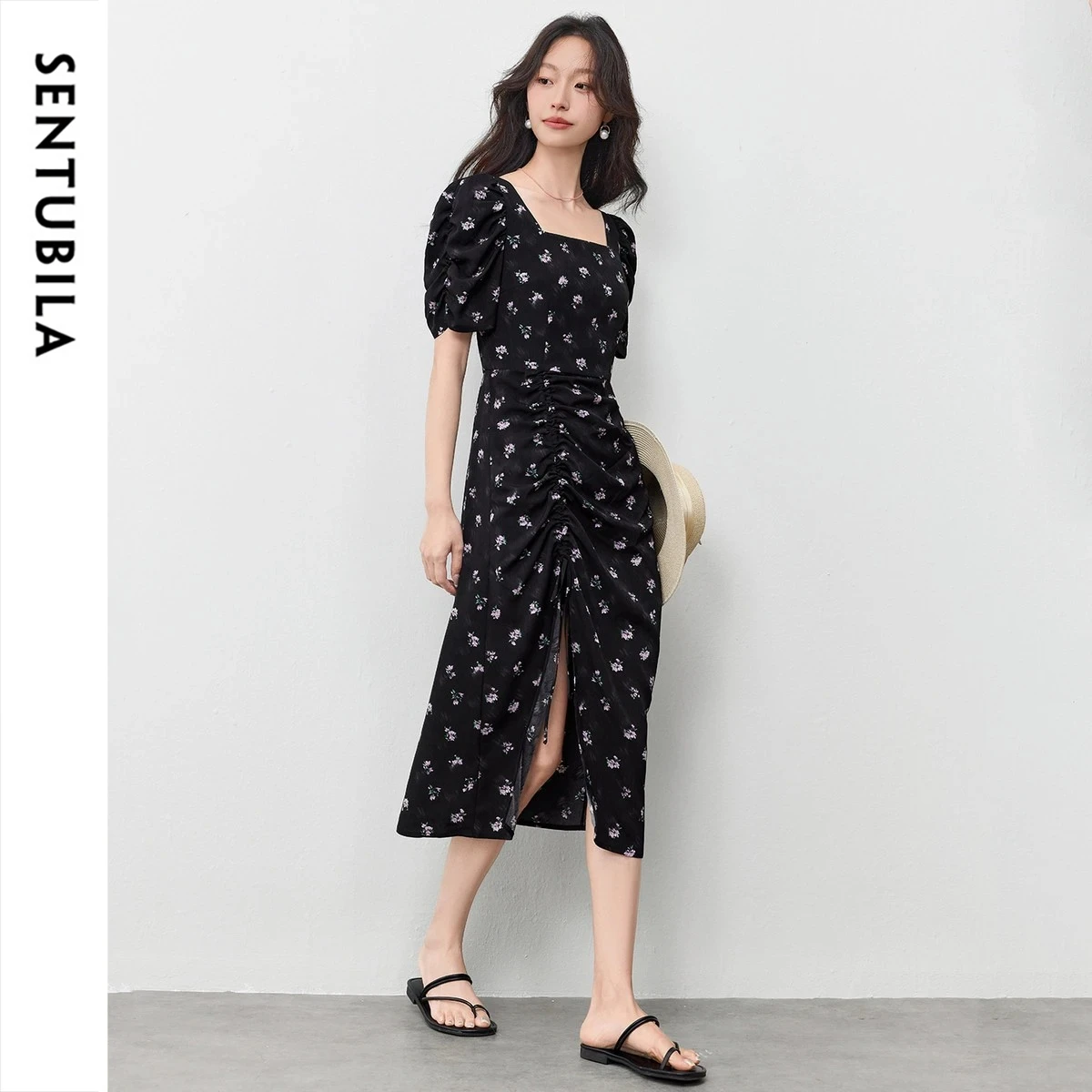 SENTUBILA Women's Square Neck Floral Print Dress 2026 Summer Fashion Drawstring Split Hem Puff Sleeve Vacation Dress 152LO3117