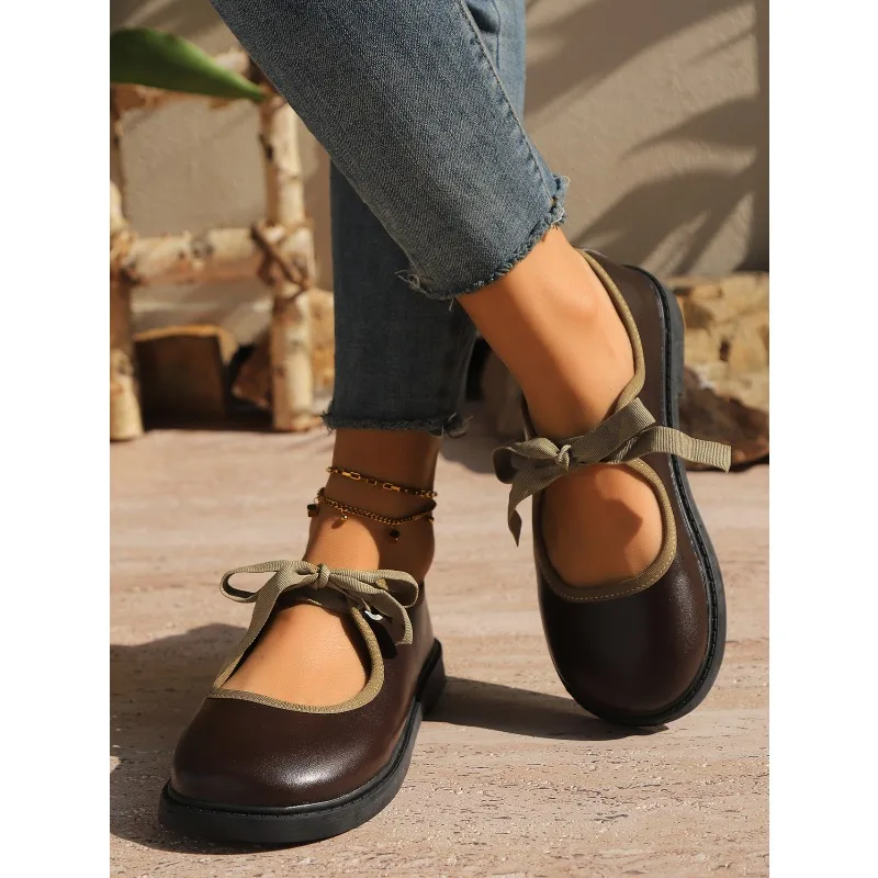 New summer style round-toe soft-soled lace-up moccasins, low heel, comfortable and casual, versatile round-toe single shoes2025