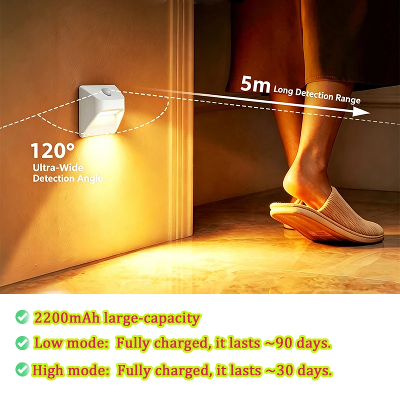 1-4pcs 2200mAh PIR Night Light Human Body Sensor Dual Brightness Large Battery USB Rechargeable Step Lamp Angle Bedroom Closets