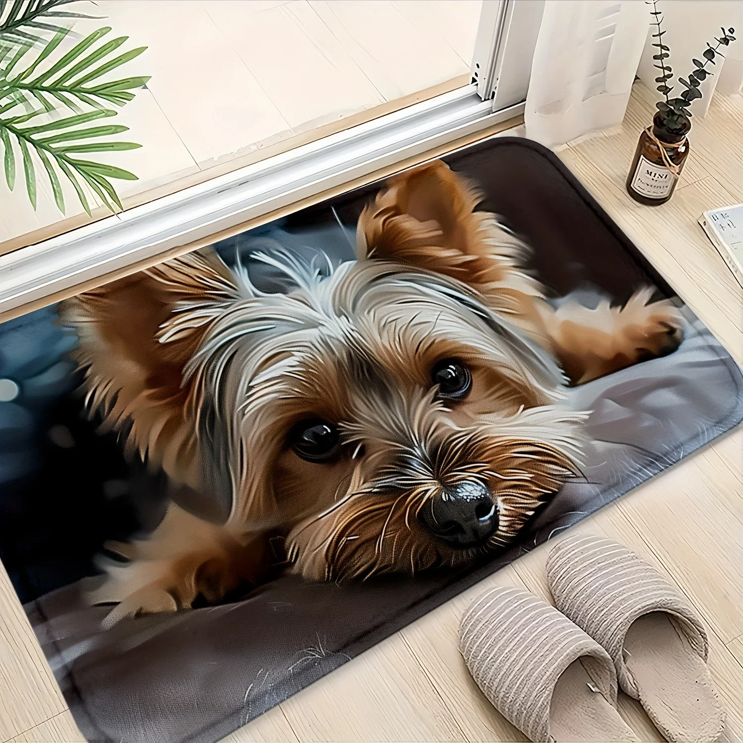 2D Flat Yorkshire Terrier Puppy Face Close Up Flannel Bath Mat Non Slip Dog Lover Rug For Bathroom Bedroom Floor Decor
