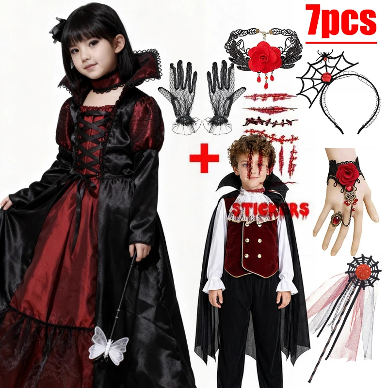 Boys Girls Gothic Halloween Fancy Dress Kids Vampire Theme Costume Full Accessory Set Holiday Carnival Party Dress Up Outfit