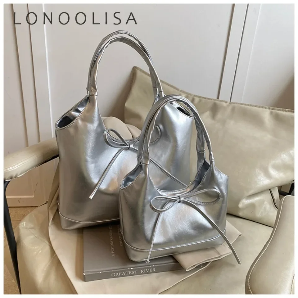 

Elegant Y2K Bow Leather Underarm Bags for Women New Trend Korean Fashion Silver Shoulder Bag Lady Commuting Bag and Purses Sac