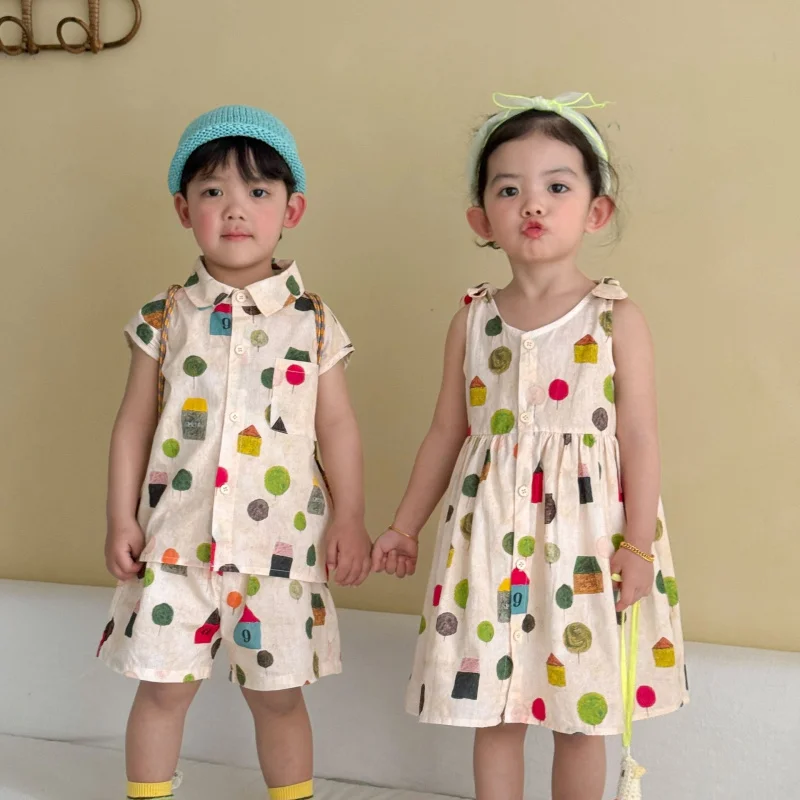 Children's Summer Shirt Set for Boys Casual2026New stylish baby girl's vest dress brother-sister outfit