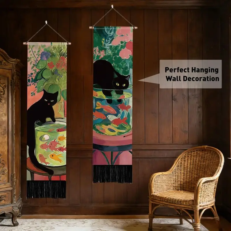 VIKAMA Fauvism Painting Long Tassel Tapestry Black Cat Goldfish Bowl Floral Vintage Art For Bedroom Dorm Vintage Wall Decor