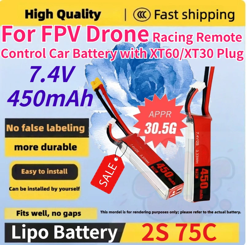 

7.4V 450mAh 2S 75C Rechargeable Lipo Battery Replace for FPV Drone Racing Remote Control Car Battery with XT60/XT30 Plug