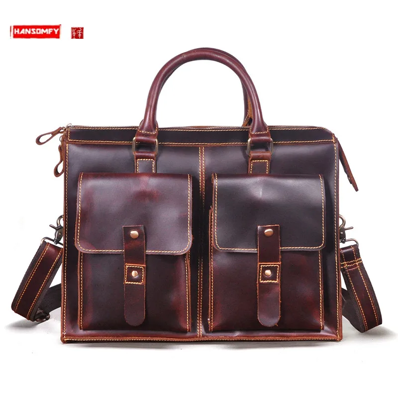 Bolsas de couro retro Crazy Horse para homens, bolsa para laptop 14 ", pasta de negócios, documento oficial, bolsa para mensageiro, 2024