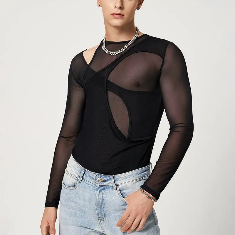 INCERUN-body de malla transparente para hombre, ropa interior Sexy de manga larga con cuello redondo, mamelucos irregulares ahuecados, pijama, S-5XL