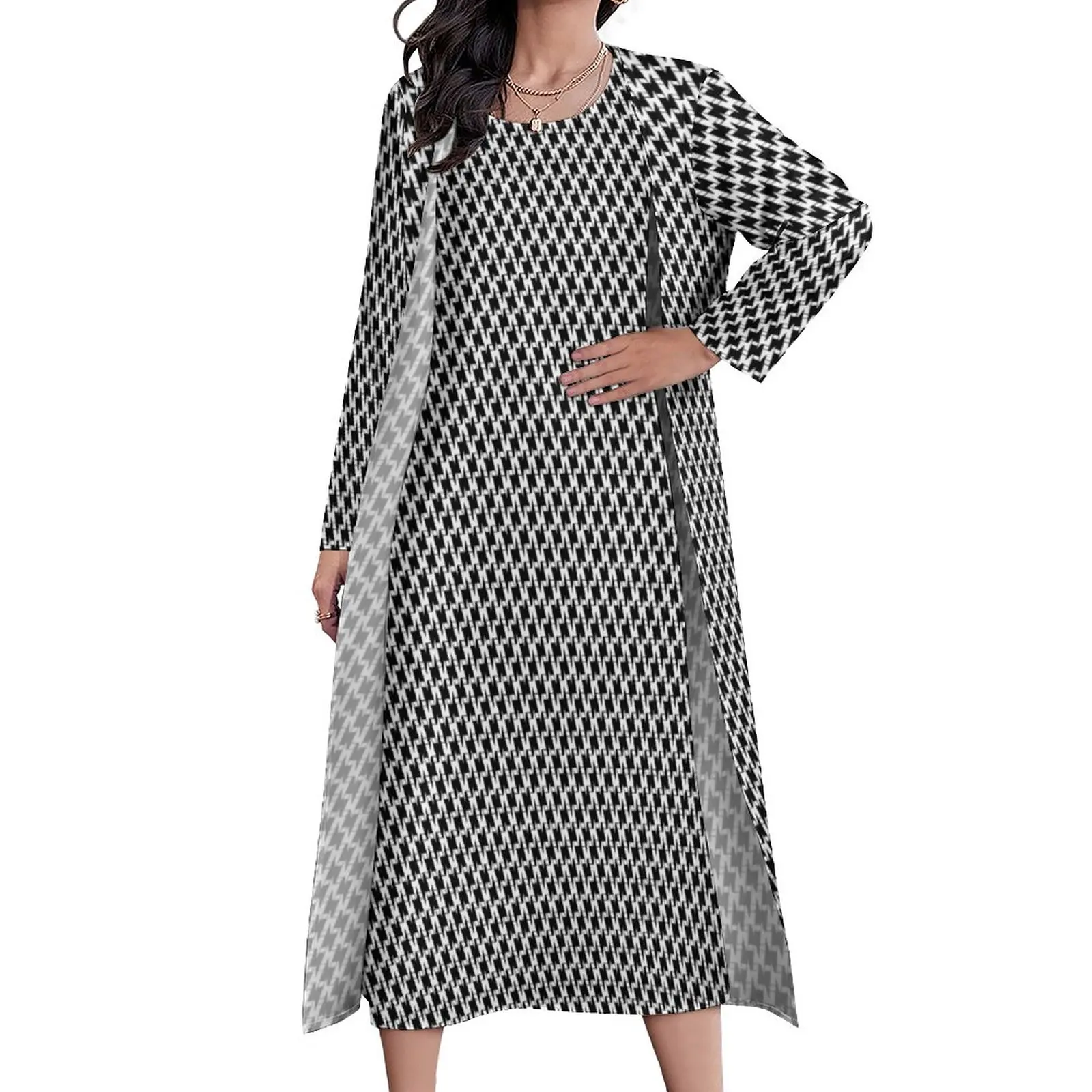 

Lightning Houndstooth Dress Spring Black Bolts Print Aesthetic Casual Long Dresses Ladies Graphic Party Maxi Dress Big Size 4XL