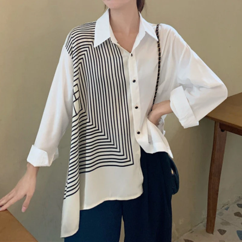 

Black Stripe Print Patchwork White Shirt Spring Summer Fashion Blouse 2023 Long Sleeve Turn Down Collar Elegant Shirt for Female