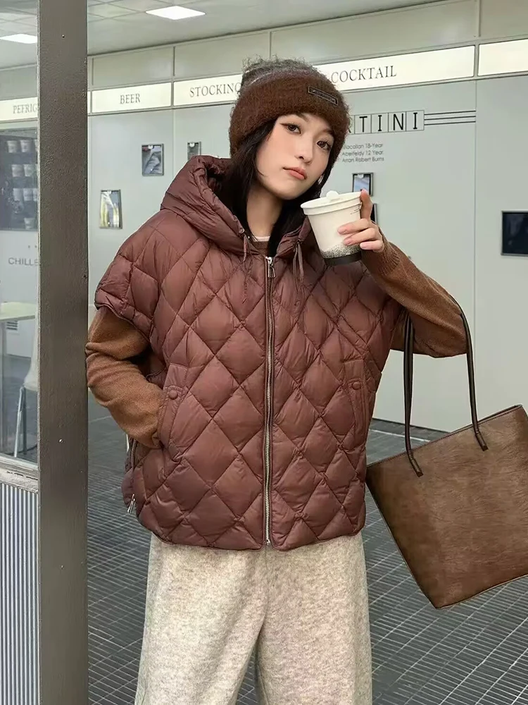 Autumn Winter Diamond Grid Puff Fluffy Down Vest Female Hooded Zipper Sleeveless Waistcoat Women White Duck Down Loose Warm Vest