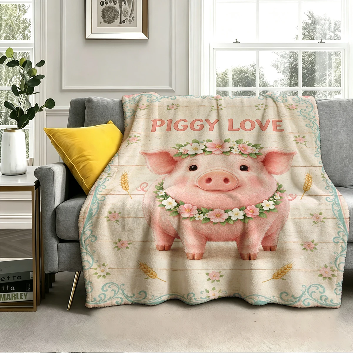 Piggy Love Pig Wheat Frame Flannel Blanket Warm Soft Halloween Christmas Decorative Couch Warm Cozy All-Season Gift