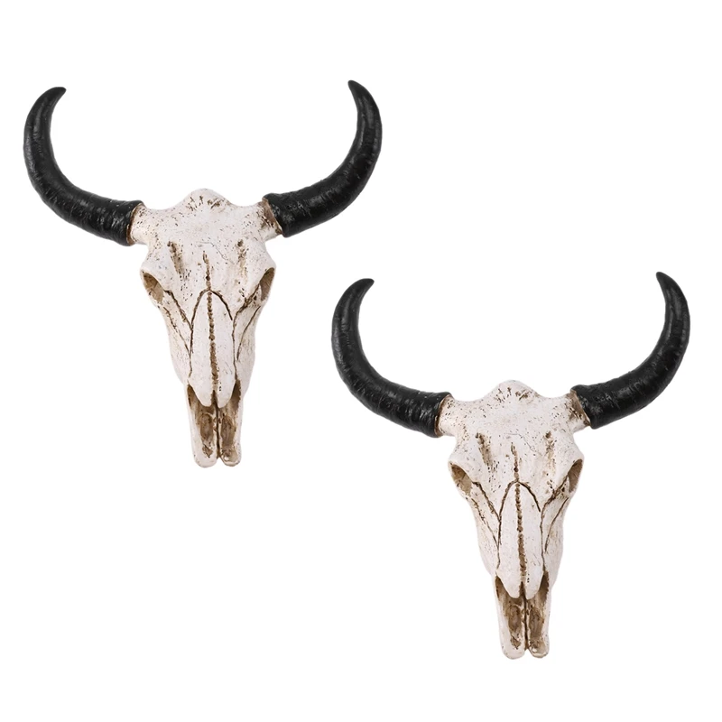 

2X Resin Longhorn Cow Skull Head Wall Hanging Decor 3D Animal Wildlife Sculpture Figurines Crafts Horns For Home Decor