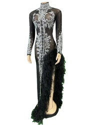 Sexy See Through Black Stretch Mesh Long Dress For Women Sparkly Sequin Stage Wear Singer Celebrate Birthday Drag Queen Outfit