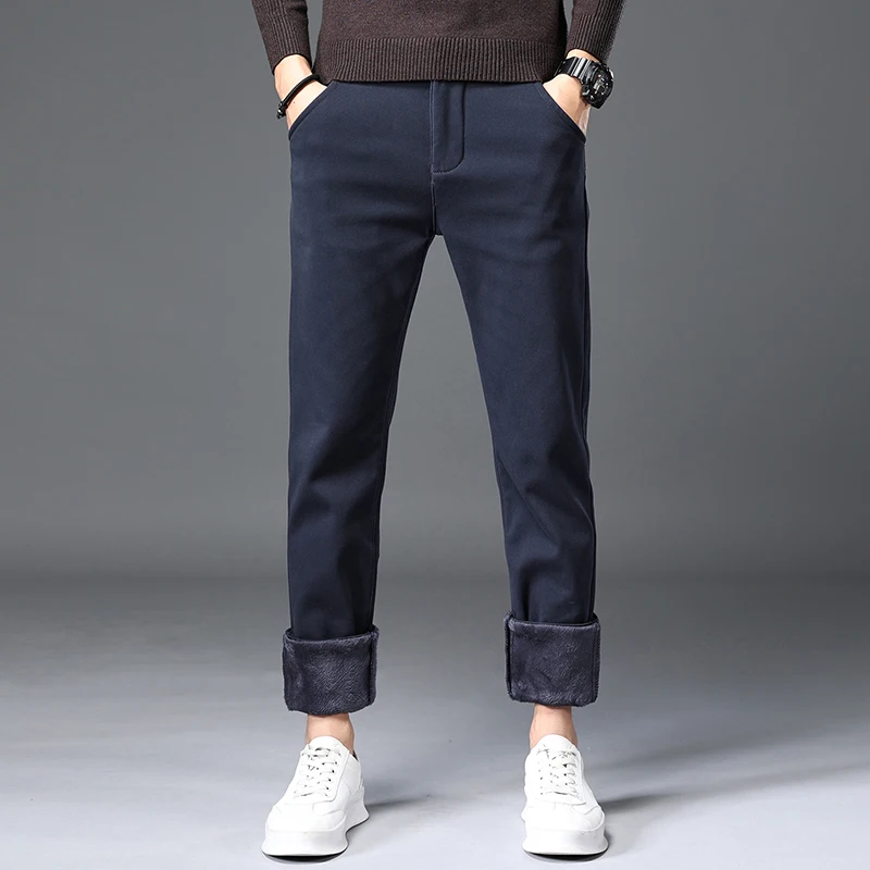 Winter 2025 New Men's Fleece Casual Pants Thick Fashion Straight Slim Warm Casual Business Office Brand Fashion Men Trousers