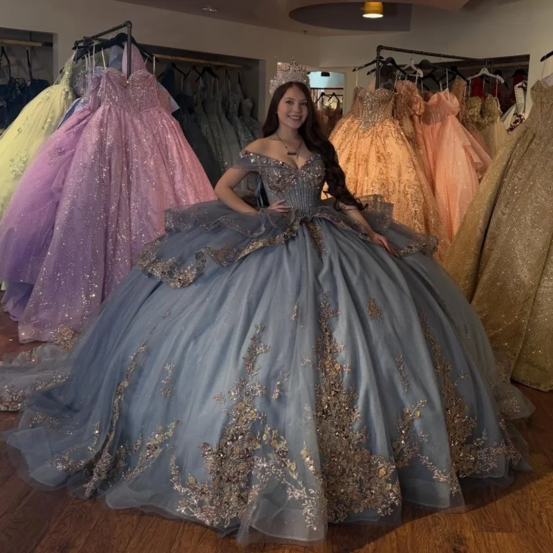 

Haze Blue Quinceanera Dresses Off the Shoulder Golden Glitter Lace Layering Decal Long tail Bow Vestidoe 15 Quinceanera Customiz