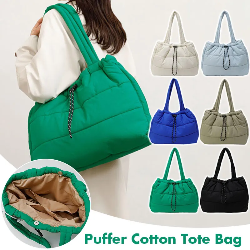 

Women's Winter Quilted Puffer Tote Bag Large Capacity Shoulder Handbag with Checkered Embroidery, Cotton Padded & Square Design