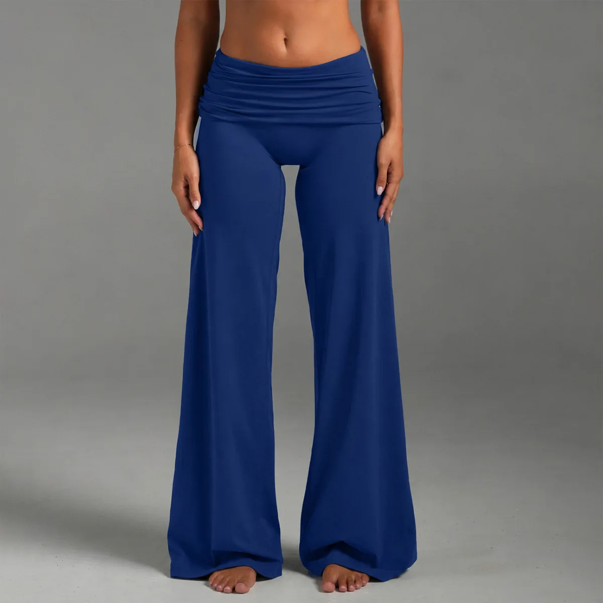 SW-T Women Fold Over Waist Wide Leg Yoga Pants Ruched Waistband Soft High Stretch Flared Trousers Casual Workout Gym Pants