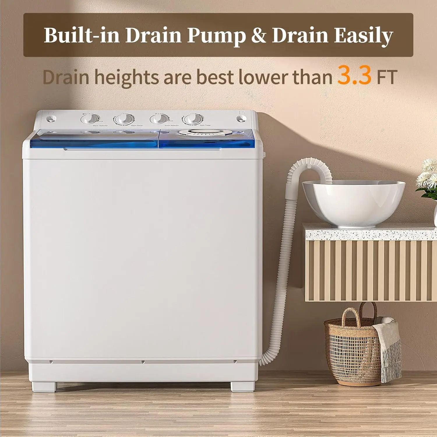Machine, Twin Tub Washing Machine Laundry Compact Washer spinner Combo with 40lbs capacity, 24Lbs Washer and 16Lbs Spinner dryer