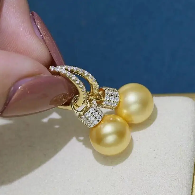 

gorgeous 10-11mm south sea round gold pearl dangle earring 925s