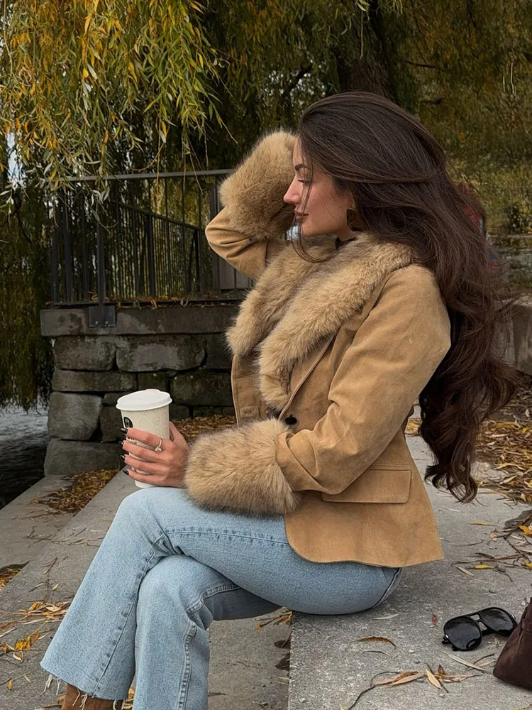 HH النساء انفصال الفراء طوق دعوى معاطف شيك سترة التلبيب طويلة الأكمام جيوب تزيين واحدة الصدر الإناث الموضة الحلل