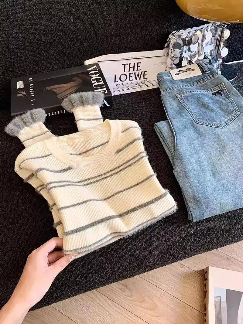 

Slim Fit Striped Color Blo round Ne Knit Sweater Women's Spring Autumn New Sle College Sle Trendy Long Sve Sweater