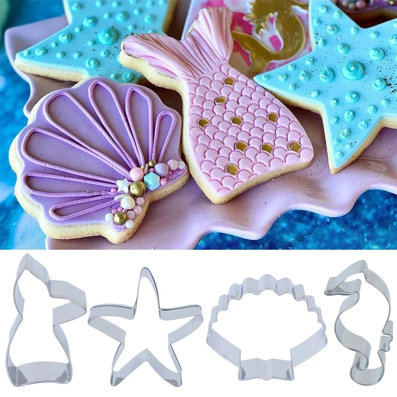 3pcs Mermaid Mold Stainless Steel Starfish Seashell Cookie Cutter Moulds Ocean Mermaid Theme Party DIY Biscuit Cake Baking Tools