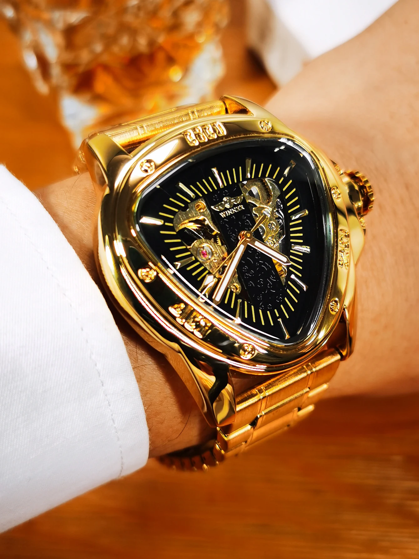 WINNER Military Triangle Skeleton Mechanical Watches for Men Luminous Hands Luxury Brand Leather Belt Sport Gold Automatic Watch