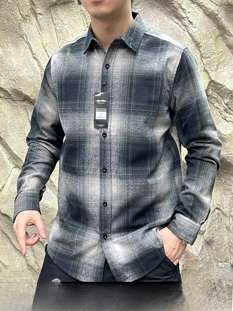 

Washed Flannel Plaid Long Sleeve Large Size Shirt Vintage Gradient Street Style Casual Cotton Polyester Blend Spring Autumn