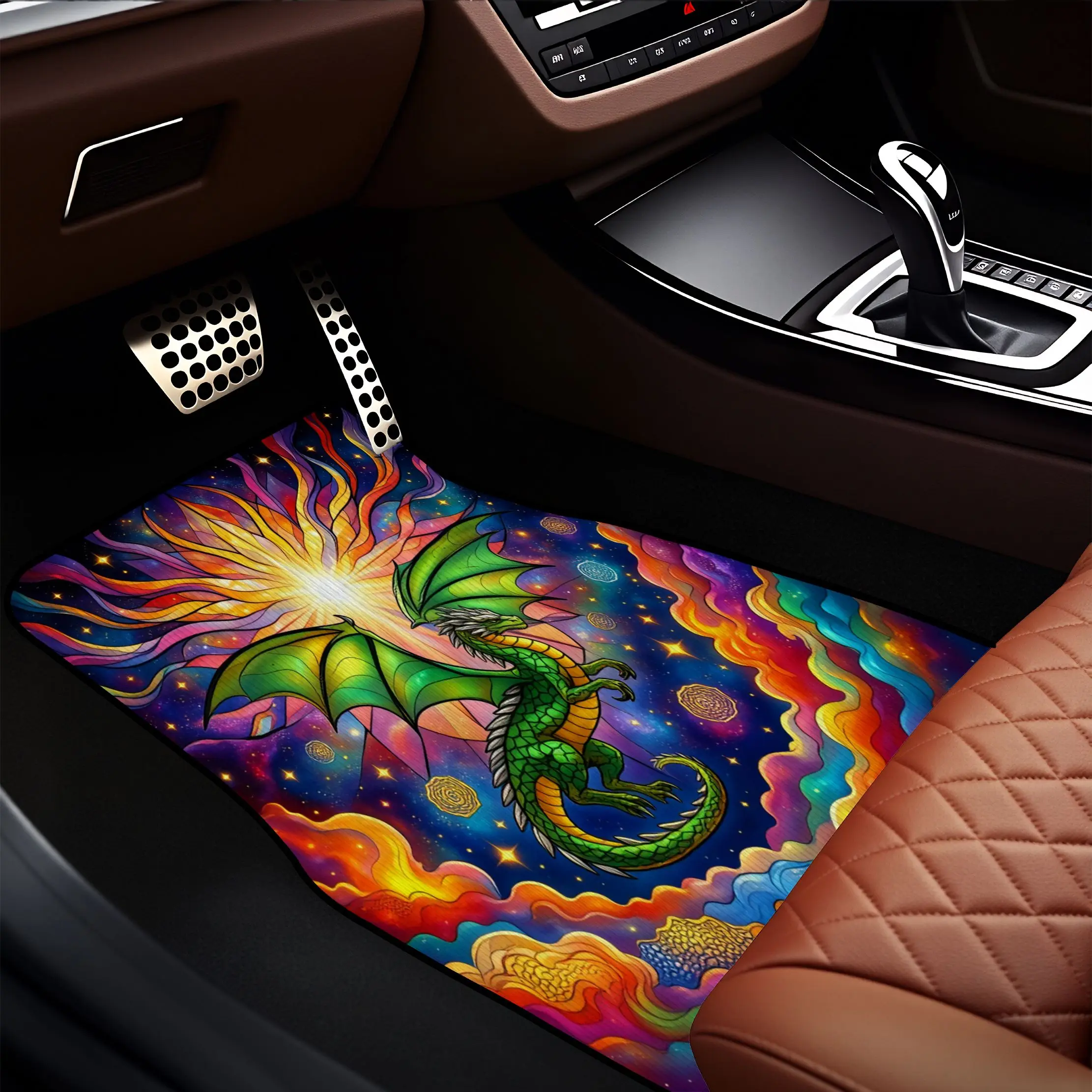 4pcs Colorful Dragon With Rainbow Clouds And Stars Pattern Crystal Velvet Car Floor Mats - Dust Resistant Durable Psychedelic St