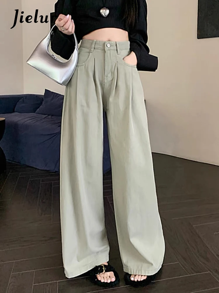 Jielur Vintage Green Autumn New Y2k Women's Jeans High Waist Slim Loose Full Length Straight Chic Fashion Female Wide Leg Pants