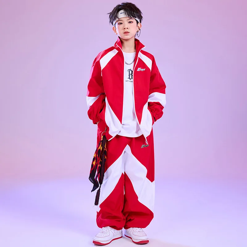 Kid Hip Hop Clothing Red Color Block Windbreaker Jacket Casual Jogger Pants for Girl Boy Jazz Dance Wear Costumes Clothes  -129