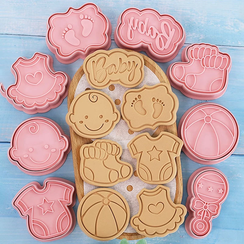 8Pcs/Set DIY Baby Theme Cartoon Cookie Embosser Cutters 3D Baby Shower Rattles Ball Clothes Feet Skirt Socks Biscuit Mould Tools