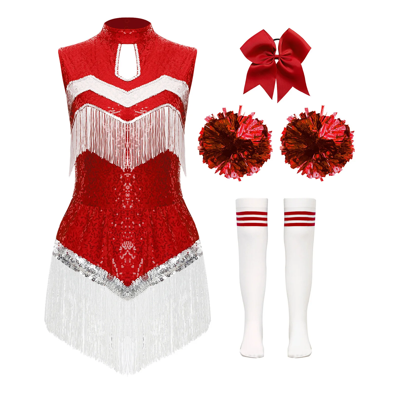 

Women Halloween Cheerleading Uniform Costume Cheerleader Suit Sequin Bodysuit Flower Balls with Stocks Set Rave Party Dancewear