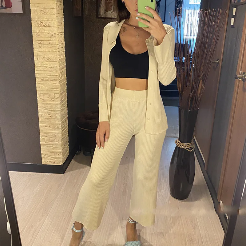 Elegant Knitted Women Ribbed Flare Sleeve Shirts Tops and Elastic Slim Female Outfit Single-breasted Cardigans Vintage Sweater