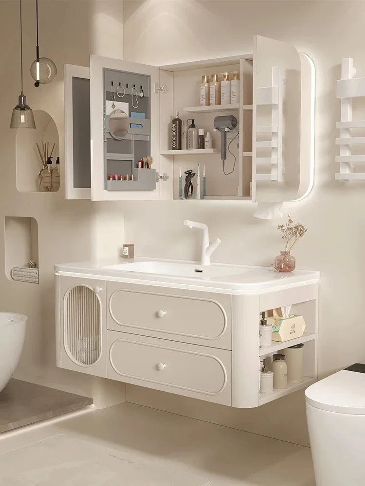 

Treasure box Warm color curved bathroom cabinet Ceramic integrated basin with lamp wash basin Wash table Bathroom cabinet