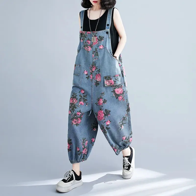 

New Vintage Printed Denim Overalls Jumpsuit Women's Summer Loose Ankle Rompers Casual Female Wide Leg Lantern Nine Cents Jeans