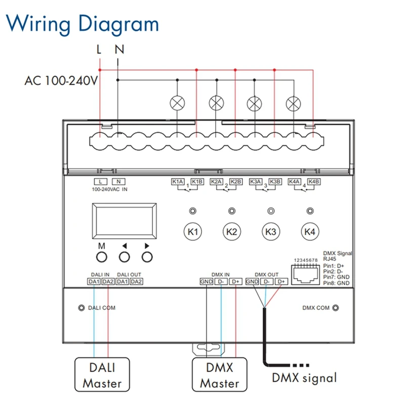 For DMX 4-Channel Switch With OLED Display Screen Relay 4CH Dry Contact Output 4 Address DMX-RDM Din Rail 100-240VAC