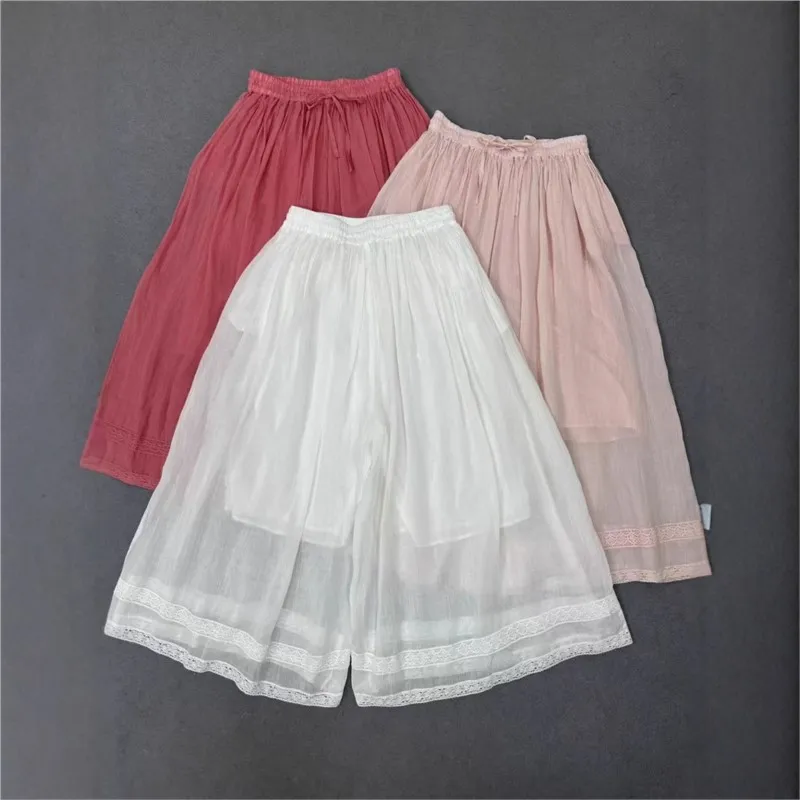 Johnature Ramie Patchwork Lace Pants Women Summer 2025 New Lace-up Elastic Waist High-waisted Cropped Pants