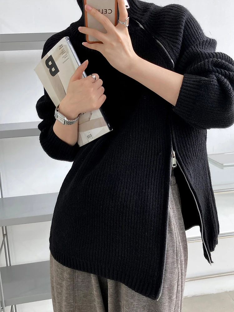 LANMREM Women Knitted Sweater Turtleneck Solid Color Zipper Style Female Fashion Outwear Warm Clothes 2024 Autumn Winter 2DA8028