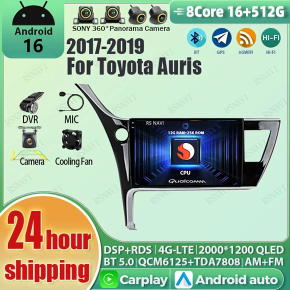 Android 16 Carplay Auto Qualcomm 2K QLED Screen Car Radio Player For Toyota Auris 2017 - 2019 DSP Multimedia Stereo BT 4G Wifi