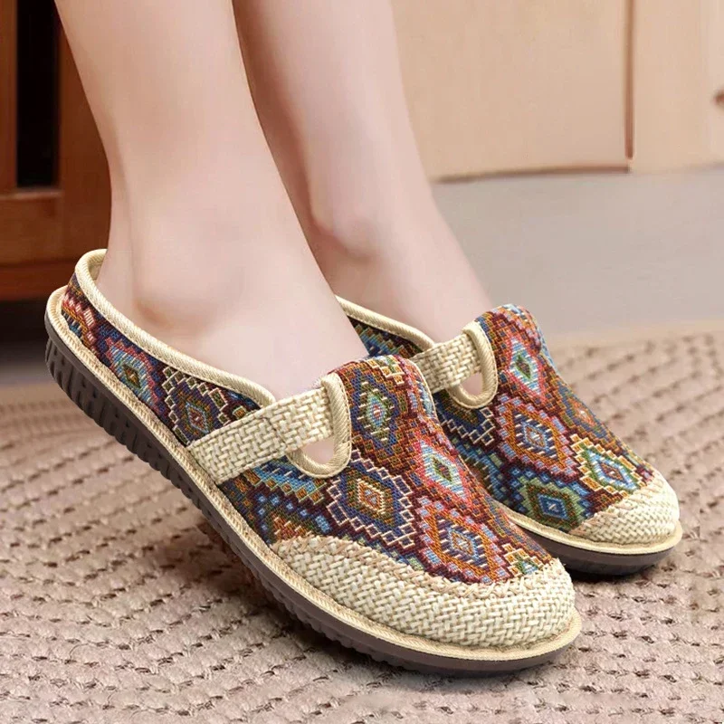 Fashion Women\'s Shoes Ethnic Style Embroidered Linen Breathable Outdoor Casual Slippers Shoes for Women Zapatos De Mujer 2024